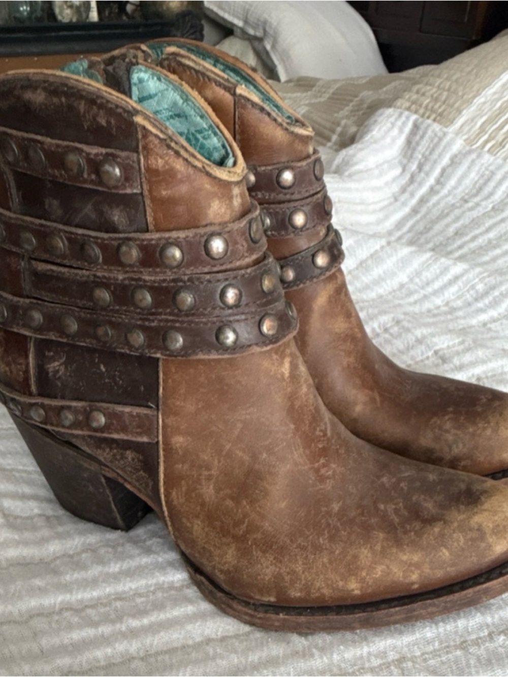 Rugged Stud-Trim Brown Leather Ankle Booties